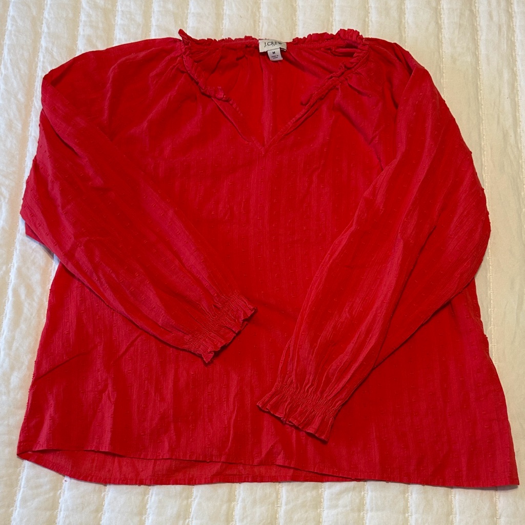 J Crew Blouse Womens M Dark Pink Swiss Dot Long Sleeve Career Classic V-Neck Euc